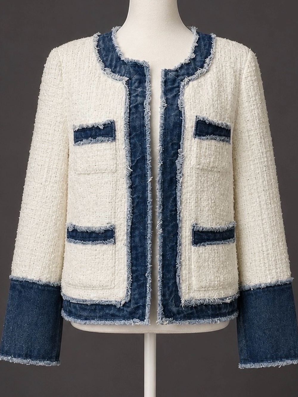 Nanette Lepore Cream with Denim Trim Bouclé Tweed Jacket - Size Medium